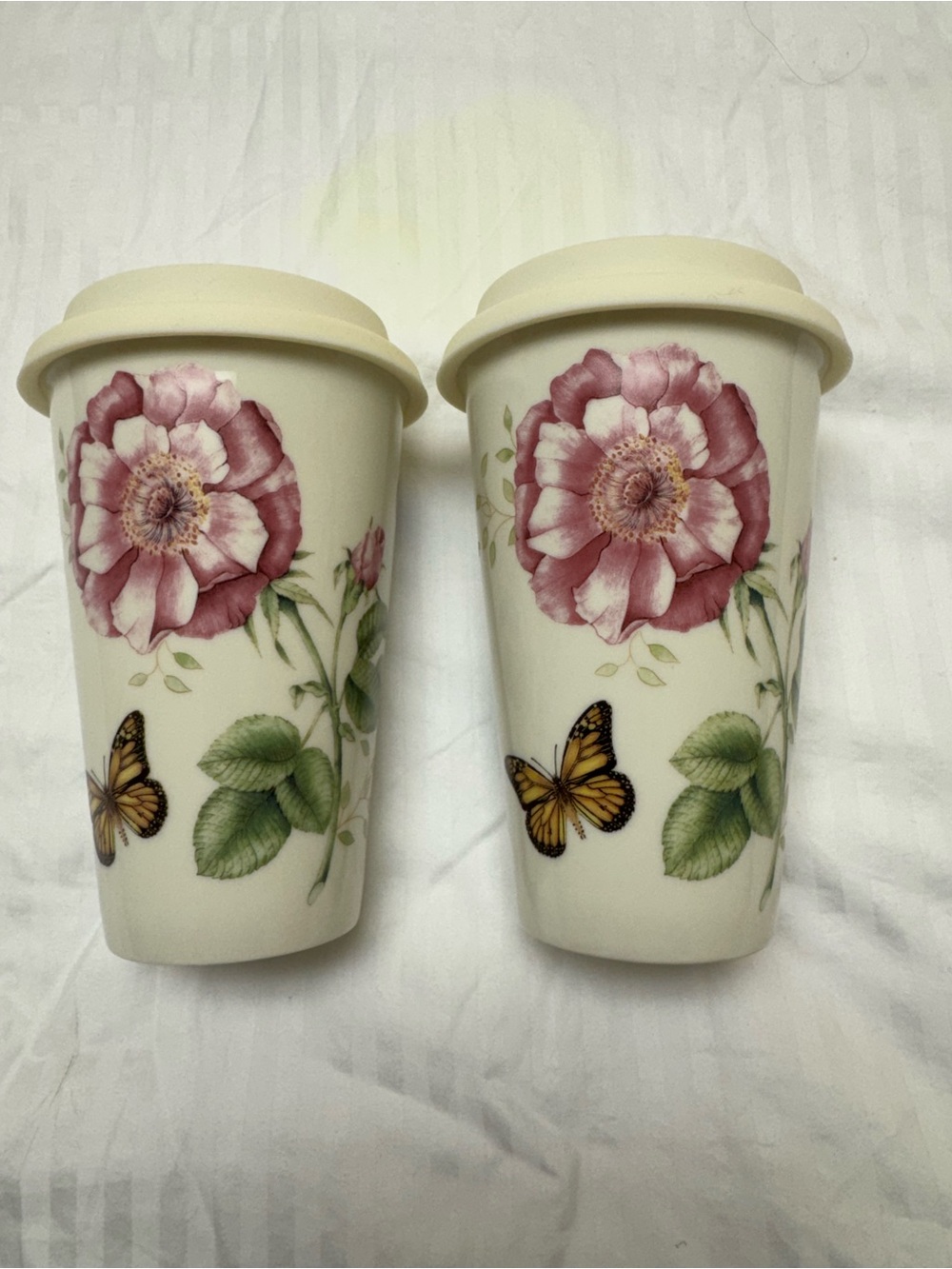 Lenox Cream ThermaTravel Mugs with Pink Floral and Yellow Butterfly Meadow Motif